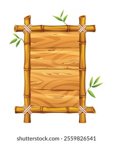 Bamboo frame with leaves and wooden planks background, perfect for tropical designs. Vector cartoon illustration