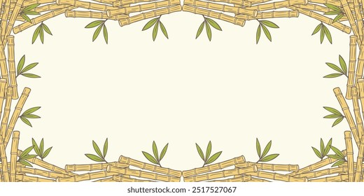 Marco de bambú, Anuncio Horizontal amarillo claro con palos amarillos y brotes de hojas verdes, garabatos de bambú dibujados a mano sobre fondo blanco. Ilustración vectorial