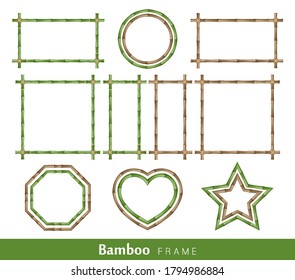 Bamboo frame made of stems tied up with rope. Set of wooden brown and green bamboo border frames