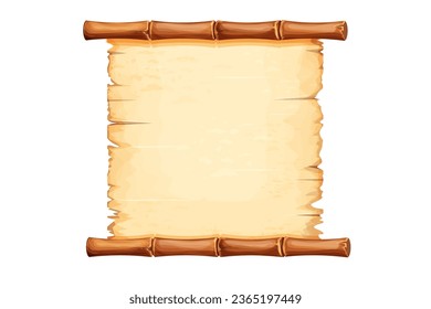 Bamboo frame with old parchment paper decorated with rope in cartoon style isolated on white background. Game ui board, sign