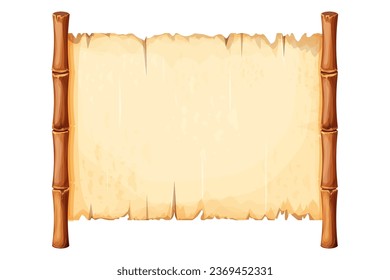 Marco de bambú con papel pergamino antiguo decorado con cuerda al estilo de las caricaturas aislado de fondo blanco. Juego ui board, signo