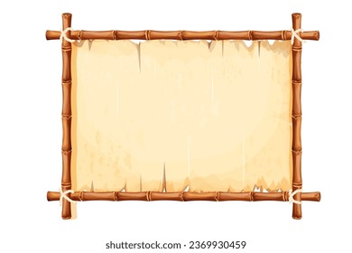 Bamboo frame with old parchment paper decorated with rope in cartoon style isolated on white background. Game ui board, sign