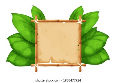 Bamboo frame with parchment in cartoon style decorated exotic, palm leaves isolated on white background. Jungle, tropical decoration. Vector illustration