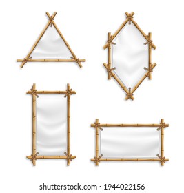 Bamboo Frame Set Vector With Canvas. Old billboard isolated vector set. Illustration of bamboo frame banner, tropical natural stick with empty panel