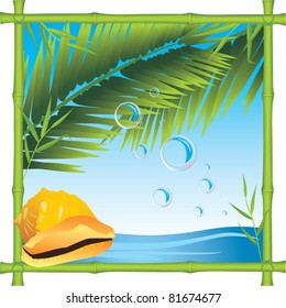 Bamboo frame with shell and palm branches. Seascape. Vector
