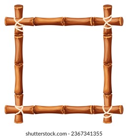 Bamboo frame from sticks and rope in cartoon style, border isolated on white background. Tribal panel, game menu.