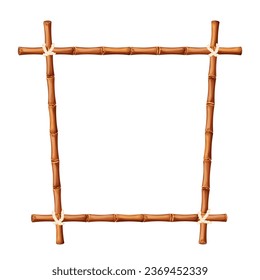 Bamboo frame from sticks and rope in cartoon style, border isolated on white background. Tribal panel, game menu.