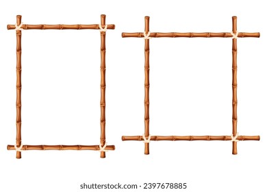 Bamboo frame from sticks and rope in cartoon style, border isolated on white background. Tribal panel, game menu.