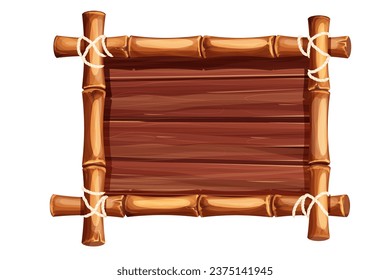 Bamboo frame from sticks and rope with wooden plank, desk in cartoon style, border isolated on white background. Tribal panel, game menu.