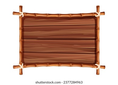 Bamboo frame from sticks and rope with wooden plank, desk in cartoon style, border isolated on white background. Tribal panel, game menu.