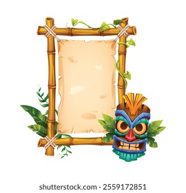 Bamboo frame with tiki mask, tropical leaves, and blank paper background for text. Vector cartoon illustration