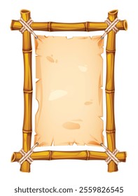 Bamboo frame with torn parchment background, ideal for creative rustic projects. Vector cartoon illustration