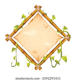 Bamboo frame with tropical vines and plants, framing a blank parchment, ideal for exotic and nature themed designs. Vector cartoon illustration