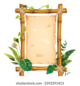 Bamboo frame with vines, leaves, and tropical flower, framing an empty parchment paper, perfect for nature themes. Vector cartoon illustration