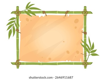 Bamboo frame. Wooden planks exotic sign, jungle border with bamboo sticks, parchment paper and leaves flat vector illustration. Cartoon bamboo sign board on white