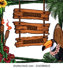 bamboo frame and wooden sign summer vector illustration