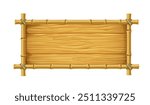 Bamboo frame with wooden sticks borders or wood sign board, vector background. Bamboo frame of sticks on rope for signboard on tiki beach or cartoon tropical jungle banner of bamboo tree