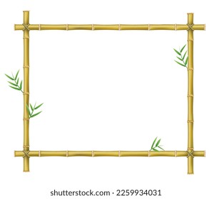 Marco de bambú pinza palos de madera y hojas marco rectangular diseño tropical ilustración vectorial realista. Límite de madera de selva de borde con espacio de copia decoración botánica exótica de construcción natural