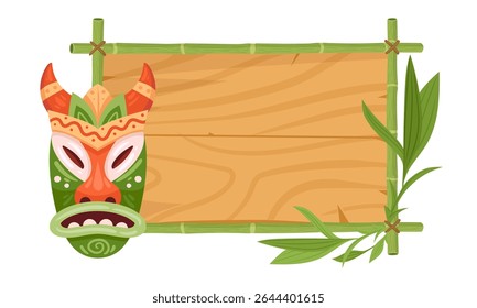 Bamboo frame with wooden tribal mask. Tiki totem bamboo frame flat vector illustration. Cartoon signboard with Hawaiian and African aboriginal totem