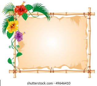 Bamboo Frame with worn Cloth Sign and tropic flowers