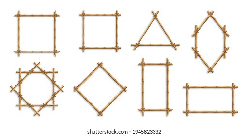 Bamboo frames. Brown bamboo sticks tied with ropes of square, rectangular and round shapes. Japanese style realistic 3d empty frames for banners or photos