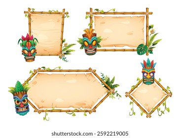 Bamboo frames with colorful tiki masks and tropical decorations, including plants and leaves. Vector cartoon illustration