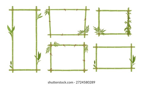 Molduras de bambu. Bordas de selva com varas de bambu verde e folhas de tábuas de madeira sinais exóticos conjunto de ilustração vetor plano. Quadros de bambu para desenhos animados