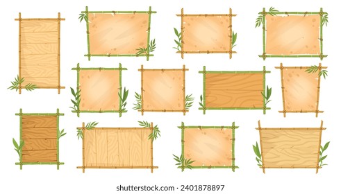 Bamboo frames. Jungle borders with bamboo sticks, leaves and parchment paper, wooden planks exotic signs ui game design, flat vector illustration set. Asian bamboo signboard collection