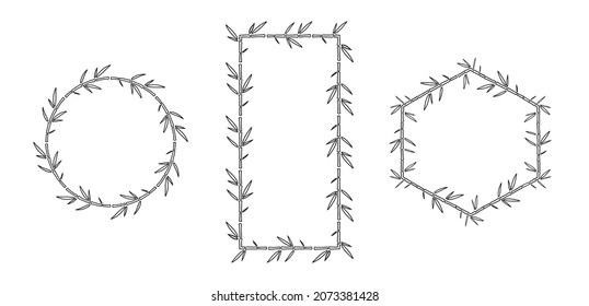 Marcos de bambú con conjunto de doodle de hojas. ilustración de vector de esquema