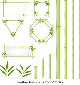 Bamboo frames made of green bamboo. Pieces and leaves of bamboo. Cartoon vector illustration of bamboo.