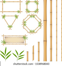 Bamboo frames made of yellow bamboo. Pieces and leaves of bamboo. Cartoon vector illustration of bamboo.