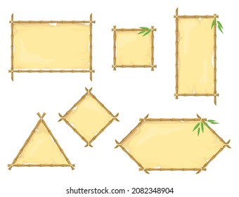 Bamboo frames with parchment. Hawaiian wooden signboard with tropical palm leaves, wood stick with blank old papyrus banners, cartoon neat vector illustration. Parchment hawaiian border