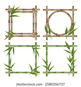 Bamboo frames set made of stems and green leaves tied with a rope. A set of wooden bamboo frames