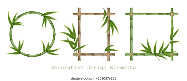 Bamboo frames set made of stems and green leaves tied with a rope. A set of wooden bamboo frames