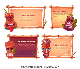 Bamboo frames with tiki masks. Vector cartoon set of beach sign boards with bamboo sticks, old canvas or paper, tropical leaves and wooden hawaiian tribal totems
