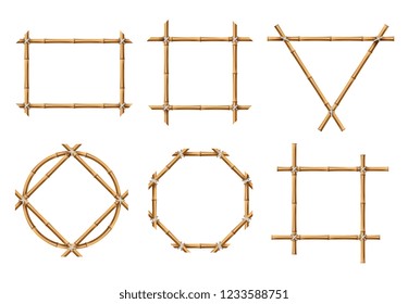 Bamboo Frames. Wood Stick Banners Of Various Shapes. Japanese Rustic Bamboo Sign Frame Isolated Vector Set