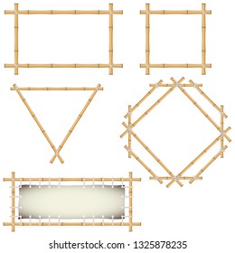 Bamboo frames. Wood stick banners of various shapes. Set of vector illustrations of bamboo frames of various shapes in realistic style isolated on white.