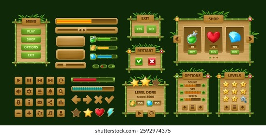 Bamboo game interface vector wooden sign boards and buttons with jungle palm tree leaves, UI elements. Cartoon bamboo wood sticks signboards, menu panels, progress bars and message windows, game asset