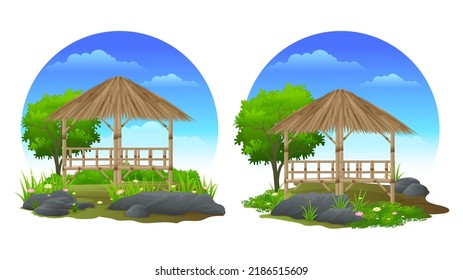 Bambú Gazebo con hermosos jardines, hierba, piedra y árboles ilustración de caricatura