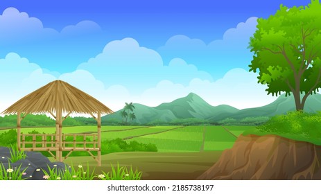 Bamboo Gazebo Beside stretch of paddy rice fields with Beautiful nature landscape