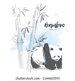 Bamboo with giant panda watercolor vector illustration. Chinese nature art