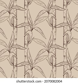 Bamboo grass seamless pattern, vector illustration. Brown bamboo branches with leaves on a beige background. Template for wallpaper, packaging, fabric and backing.