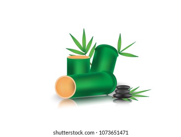 Bamboo Green Cut and leaf on white background with black stone placed on side.