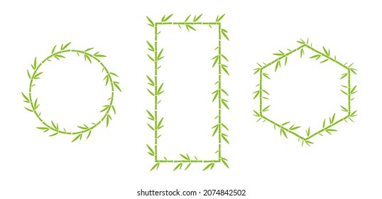 Marcos verdes de bambú con conjunto de doodle de hojas. ilustración de vector de esquema