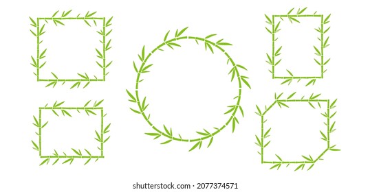 Marcos verdes de bambú con conjunto de doodle de hojas. ilustración de vector de esquema
