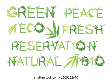 Bamboo green lettering. Isolated eco words on white background