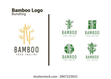 Bamboo Green Nature Logo Set with Golden Asian Stem Leaf and Vintage Grunge Circular Badge Concept Bundle