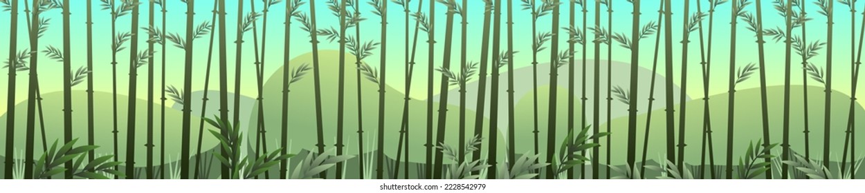 Bonito bosque de bambú por la mañana. Camas de caña tropical. Selva y bosques tropicales de las latitudes meridionales. Estilo alegre de la caricatura. Diseño plano. Vector