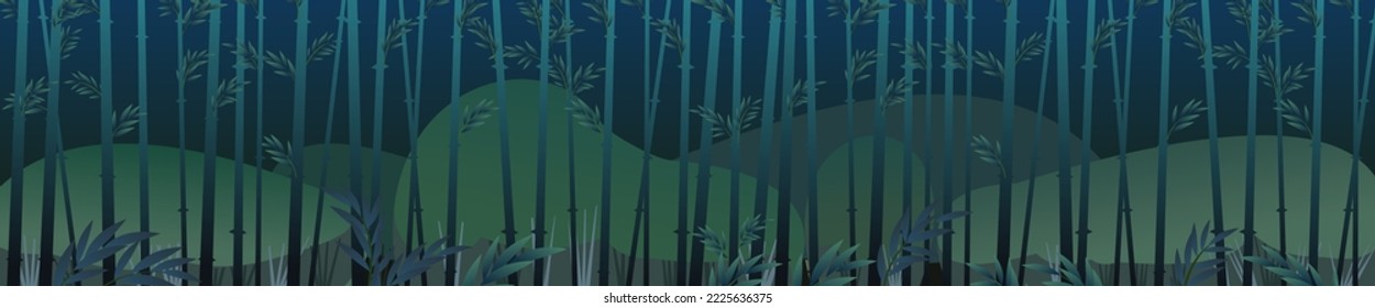 Bamboo grove beautiful night. Tropical reed beds. Jungle and tropical forests of southern latitudes. Cartoon cheerful style. Flat design. Vectorgrove night beautiful. Tropical reed beds. Jungle and