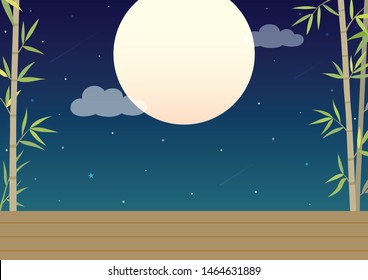 Bamboo and hardwood floor with full moon night sky background